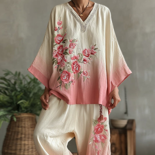 Vintage Pink Floral Gradient Pattern Linen V Neck T-shirt artswardrobe