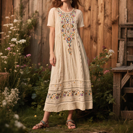 Women's Vintage Bohemian Floral Pattern Short Sleeve Dress artswardrobe