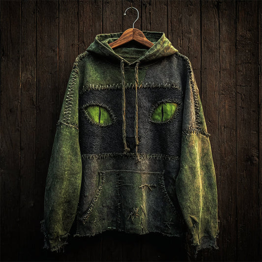 Halloween Black Cat Face Colorblock Patchwork Washed Hoodie elevenforest