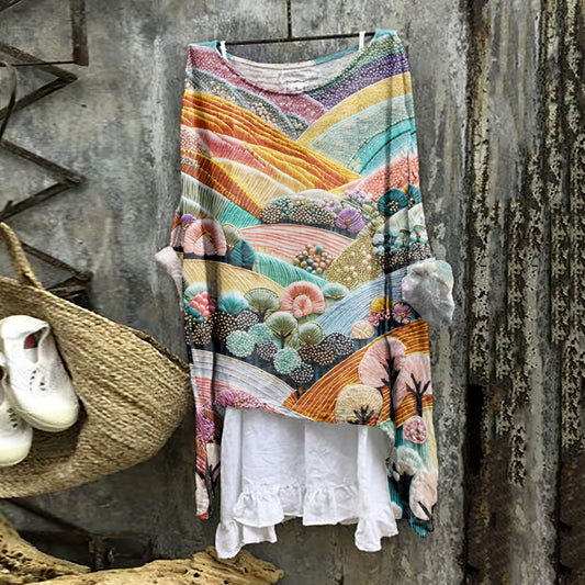 Vintage  Dreamy Colorful Village Loose Linen Cozy Shirt Tunic Top artswardrobe
