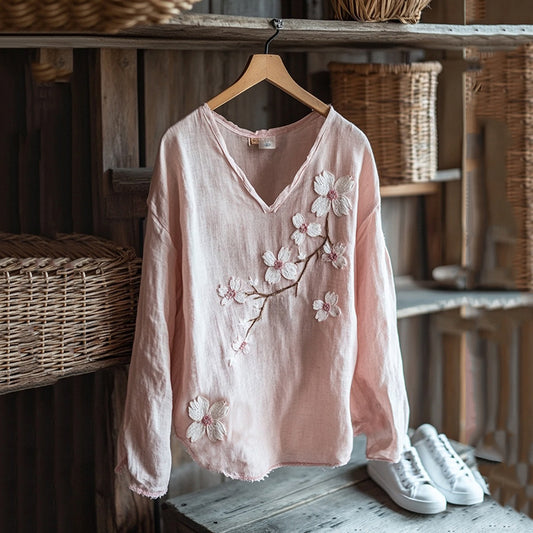 Vintage Sakura Art Japanese Embroidery Graphics Linen Blend V-neck Tunic artswardrobe