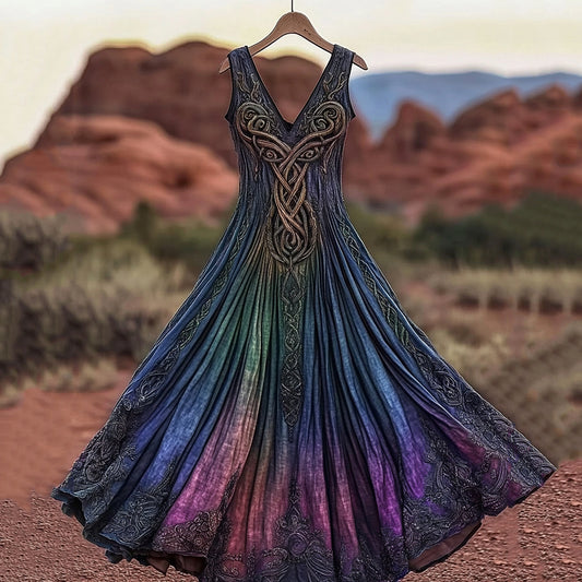 Women's Vintage Viking Celtic Knot Gradient Art Linen Midi Dress artswardrobe