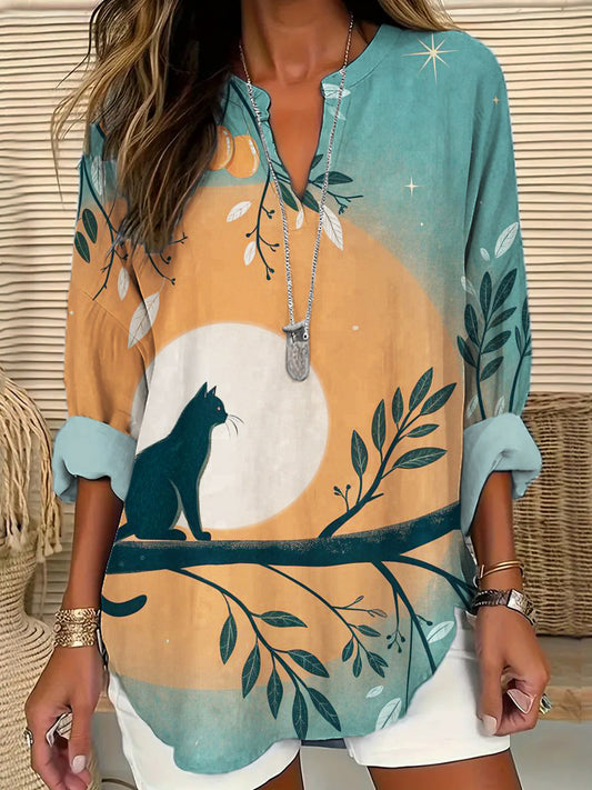Comstylish Japanese Cat Pattern Women's Linen Shirt