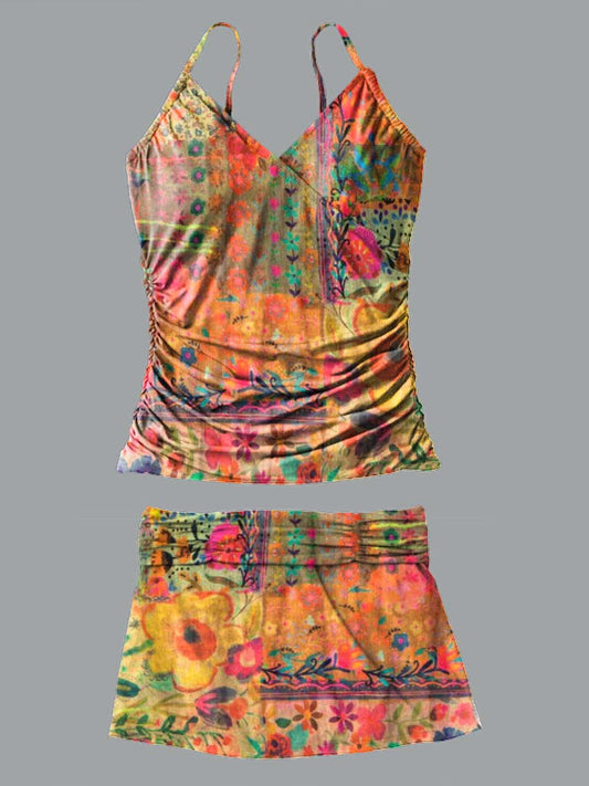 V-Neck Retro Ethnic Patchwork Floral Art Print Suspender Skirt Tankini Pantskirt Set Swimsuit