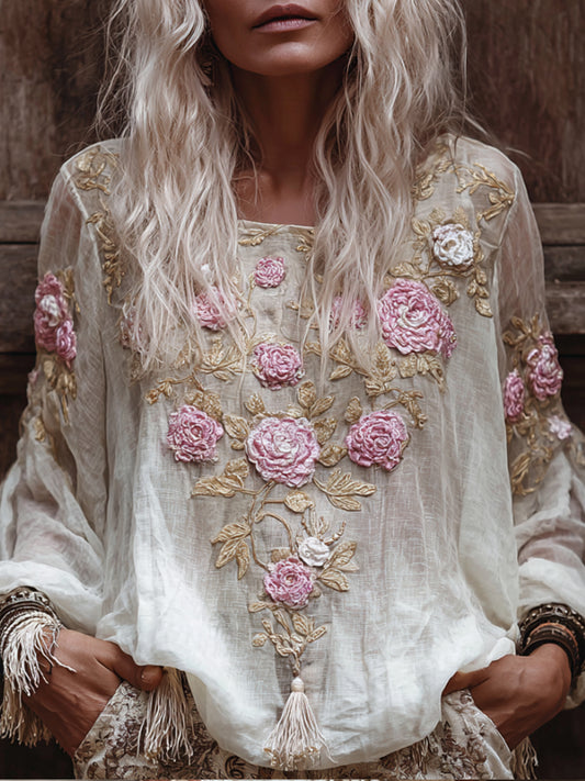 Comstylish Women's Pink Rose Casual Round-neck Long-sleeved Top