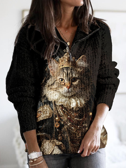 Vintage Renaissance Cat Pattern Zip Up Cozy Sweater elevenforest