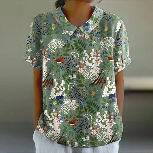 Comstylish Women's Retro Flower Art Print Casual Cotton Linen Shirt