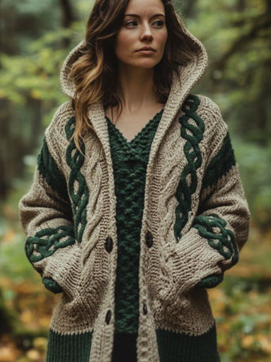 Women's Celtic Knot Vintage Cozy Knit Hooded Cardigan elevenforest