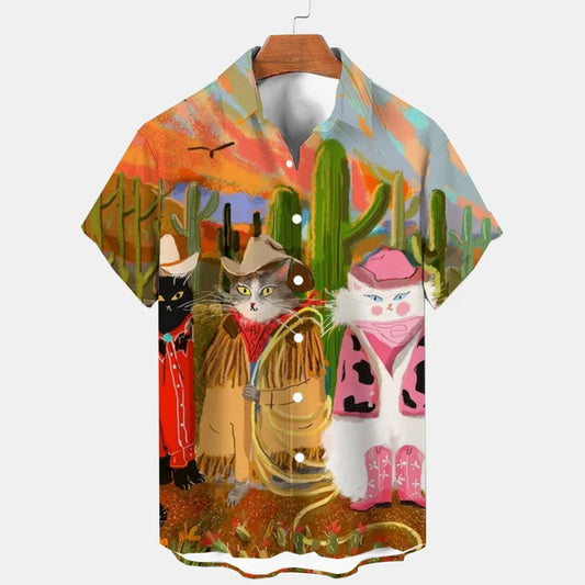 Men's Western Style Cactus Denim Kitten Print Shirt elevenforest