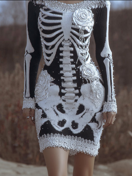 Comstylish Women's Halloween Anatomy Art Gothic Knitted Round Neck Dress