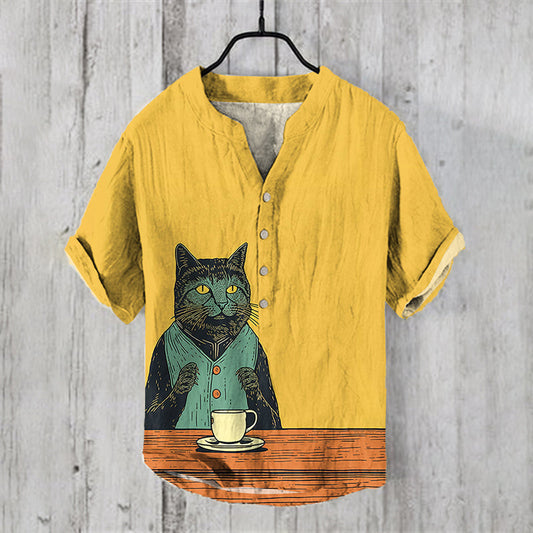 Retro Japanese Cat Coffee Art Linen Blend Shirt elevenforest