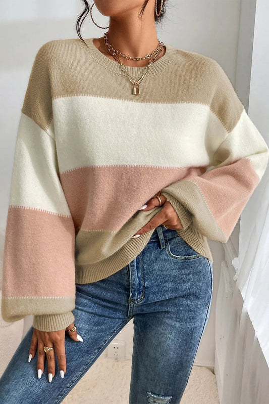 Monique® | Color block crew neck sweater with lantern sleeves