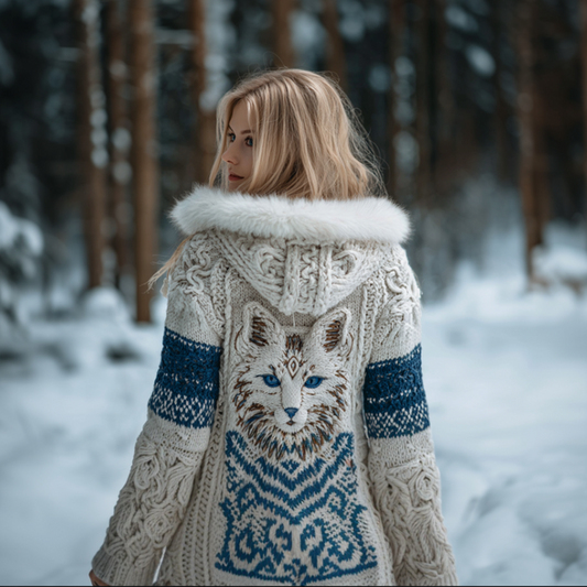 Comstylish Viking Retro Cat Design Women's Hooded Knit Sweater Jacket