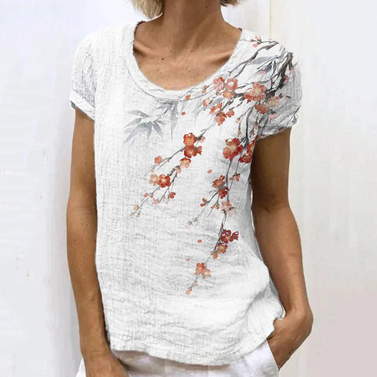 Comstylish Japanese Retro Plum Bamboo Ink Painting Art Print Casual T-Shirt