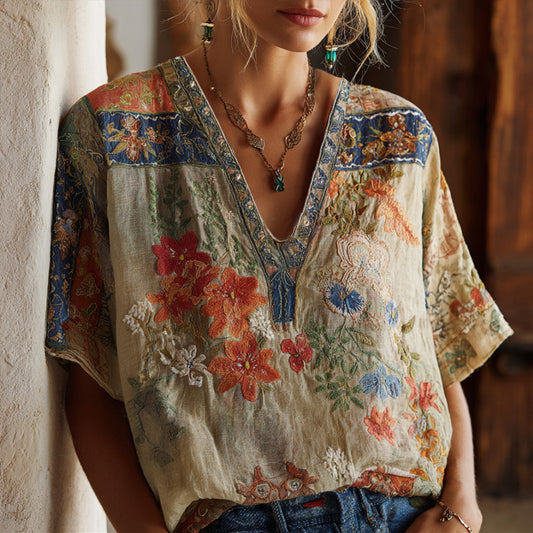 Bohemian Three-dimensional Floral Embroidery Pattern Vintage V-neck Short-sleeved Shirt artswardrobe