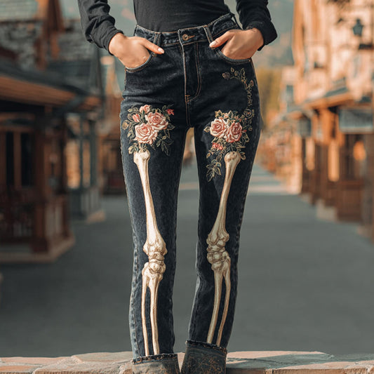 Comstylish Halloween Vintage Skull Rose Embroidered Jeans