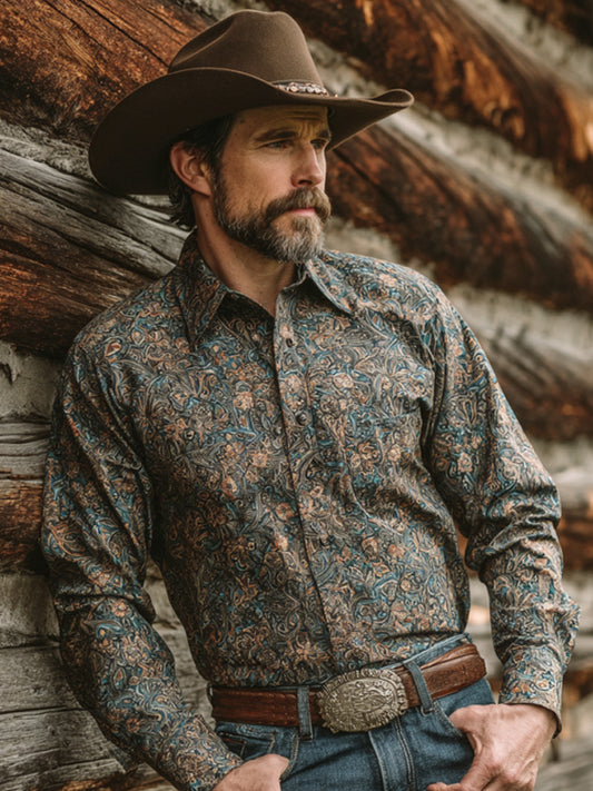 Men's Vintage Western Paisley Design Cotton And Linen Blend Shirt artswardrobe