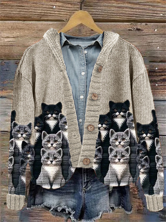 Crowded Cats Crochet Art Cozy Knit Hooded Cardigan elevenforest