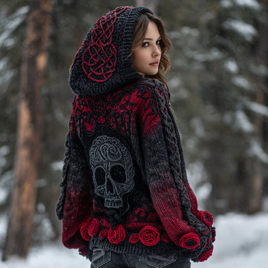 Women's Vintage Skull Floral Gradient Celtic Art Knit Hooded Sweater artswardrobe