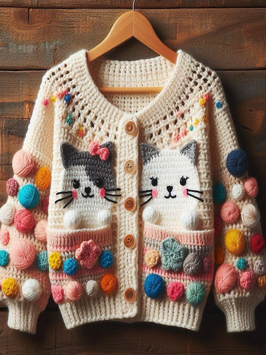 Comstylish Cute Cats Pattern Cozy Soft Crochet Cardigan