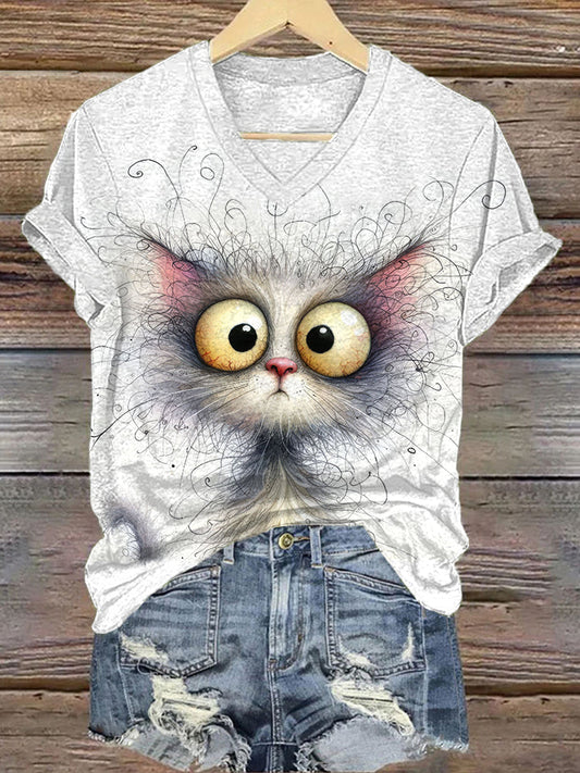 Funny Cat Print V-Neck T-Shirt elevenforest