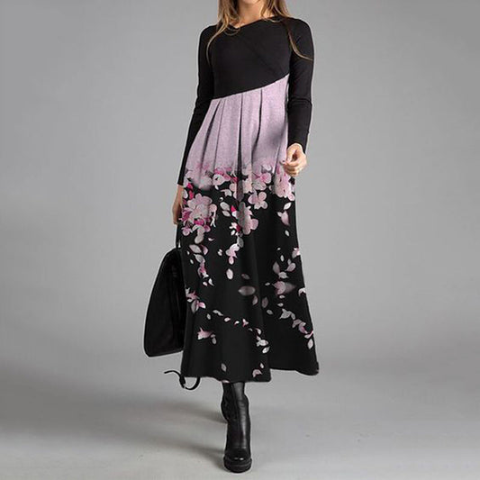 Elegant Cherry Blossom Print Crew Neck Long Sleeve Midi Dress elevenforest