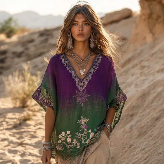 Comstylish Vintage Floral Embroidered Art Cotton Linen Comfy Short Sleeves Shirt