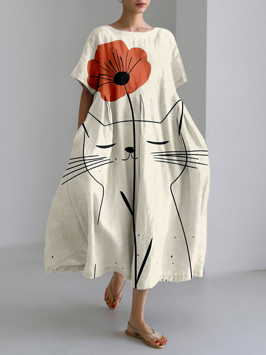 Lovely Cat & Flower Graphic Linen Blend Maxi Dress