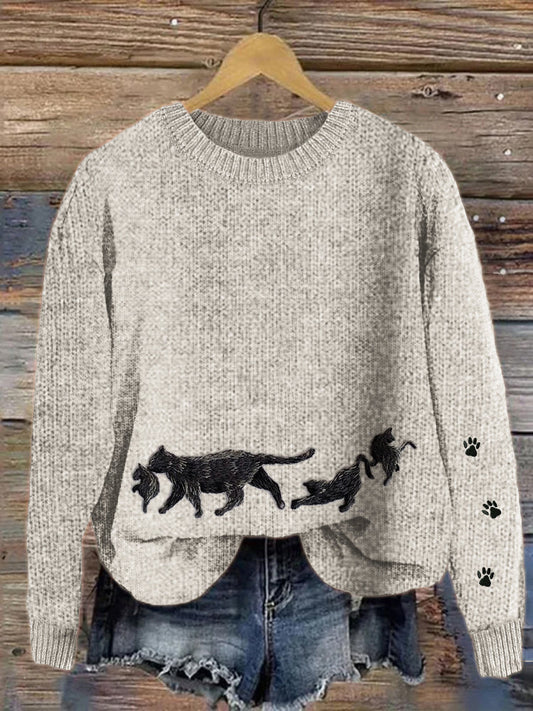 Black Cats Family Paw Prints Embroidered Cozy Sweater elevenforest