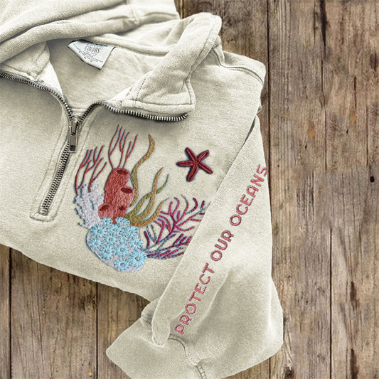 Comstylish Protect Our Oceans Coral Embroidered Zip Up Sweatshirt