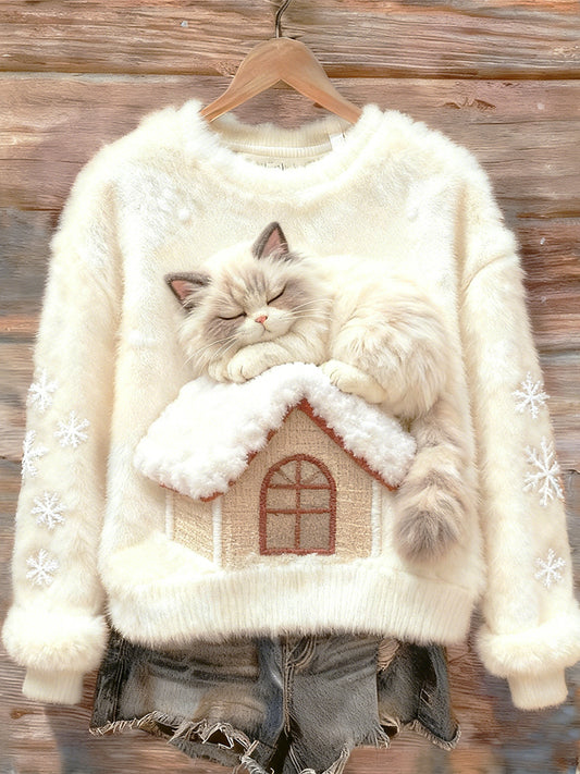 Comstylish Cat On The Roof Warming Up In A Round-neck Flannel Sweatshirt