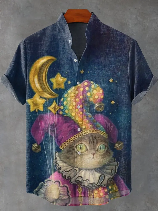Retro Cute Clown Cat Vintage Print Casual Shirt elevenforest