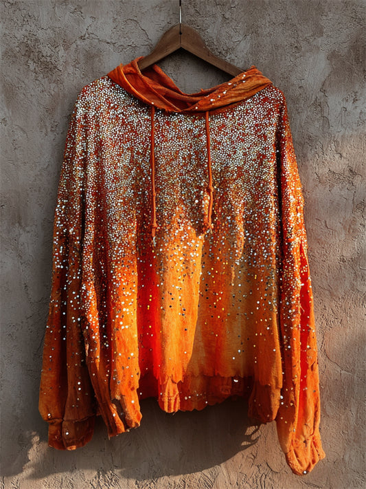Comstylish Vintage Glitter Sequins Orange Washed Hoodie