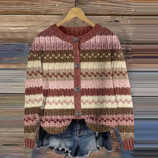 Retro Geometric Stripes Knitted Button Down Cozy Sweater elevenforest