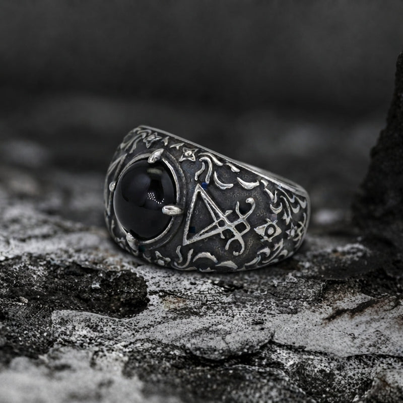 Black Onyx Sigil of Lucifer Baroque Ring
