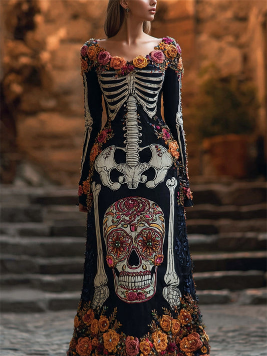 Comstylish Day Of The Dead Skeleton Floral Fiber Art Velvet Maxi Dress