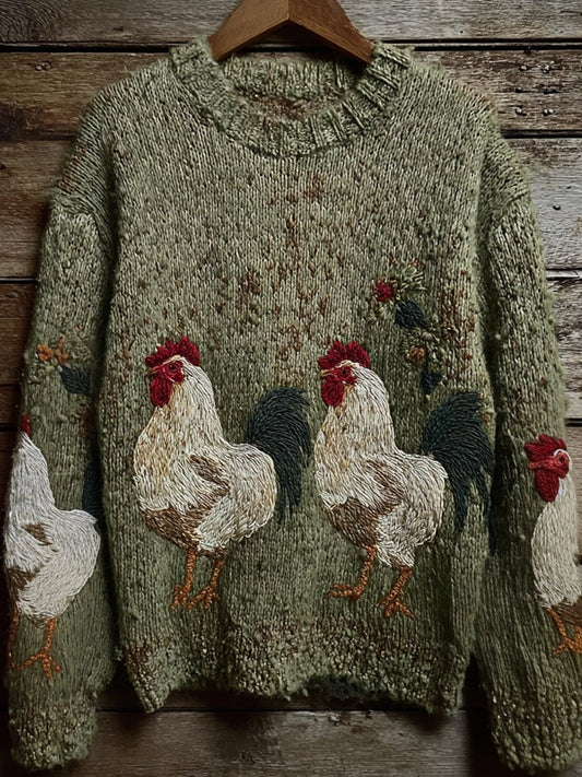 Vintage Roosters  Embroidered Crew Neck Cozy Knit Sweater elevenforest
