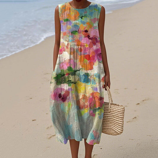 Women's Vintage Colorful Floral Art Linen Vest Dress artswardrobe