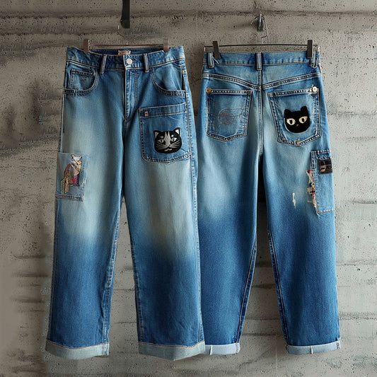 Comstylish Casual Retro Fun Pocket Cat Print Contrast Jeans