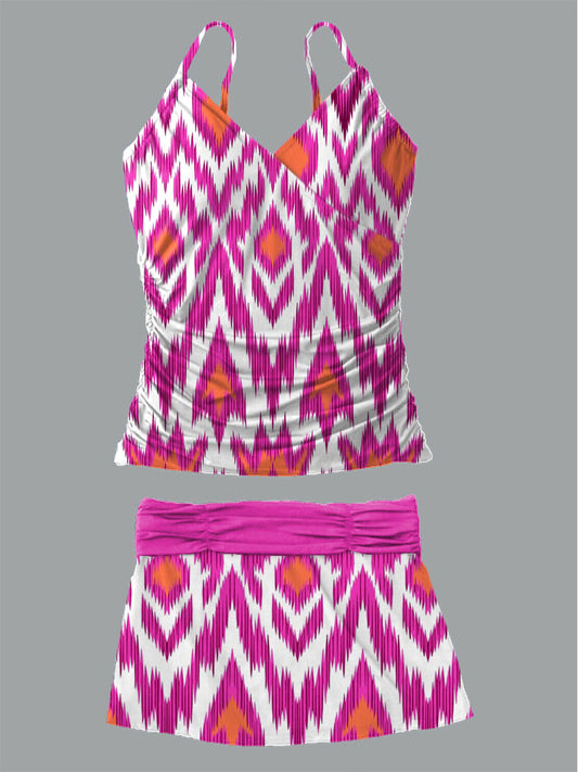 Women's Bohemian Geometric Print Suspender Shirred Swimsuit Set