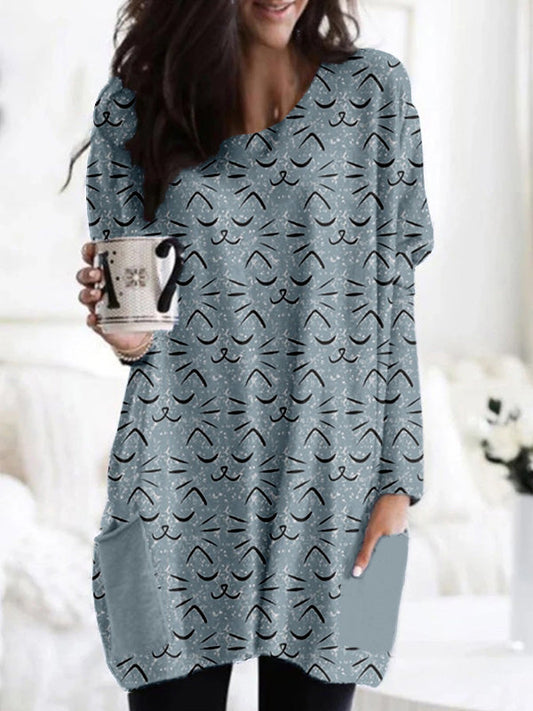 Cute Cat Faces Pattern Patch Pocket Comfy Tunic elevenforest