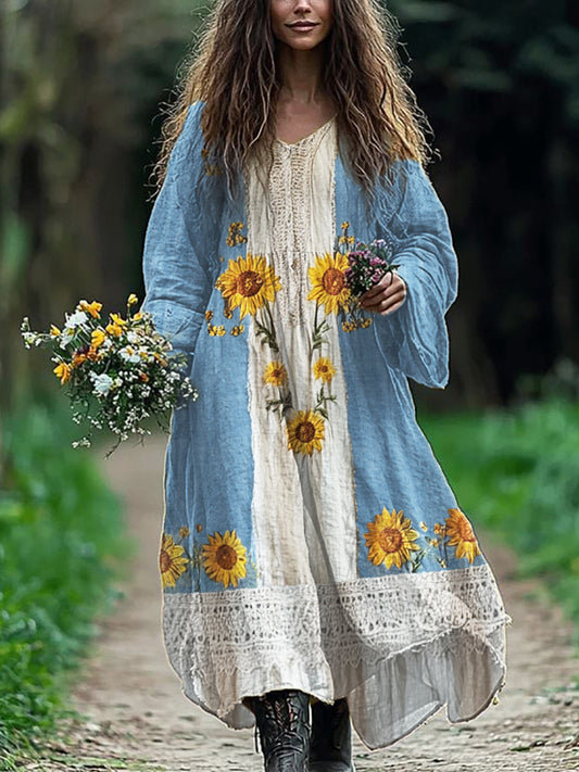 Boho Sunflowers Embroidered Lace Patchwork Flowy Linen Dress artswardrobe