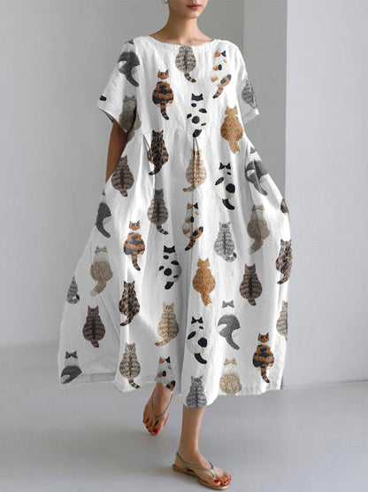 Cute Cats Embroidery Pattern Linen Blend Dress artswardrobe