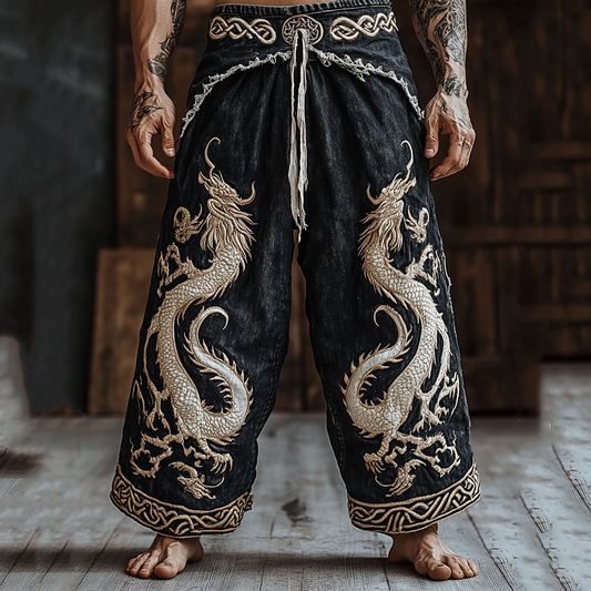 Men's Retro Viking Dragon Totem Patchwork Print Casual Pants artswardrobe