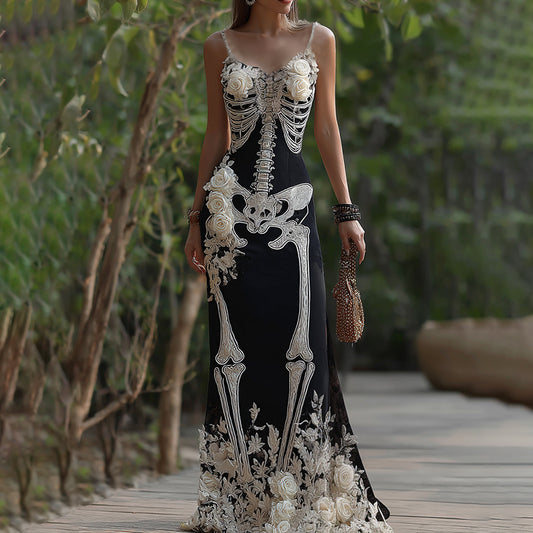 Comstylish Women's Vintage Halloween Skeleton Bones With Rose Art Cozy Sleeveless Maxi Dress