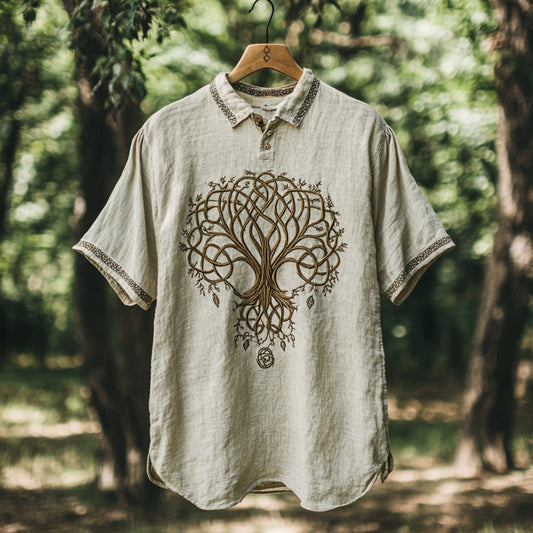 Men's Viking Tree Of Life Embroidery Pattern Lapel Shirt artswardrobe