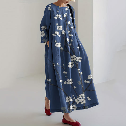 Comstylish Women Floral Art Printed Casual Crew Neck Midi Dress