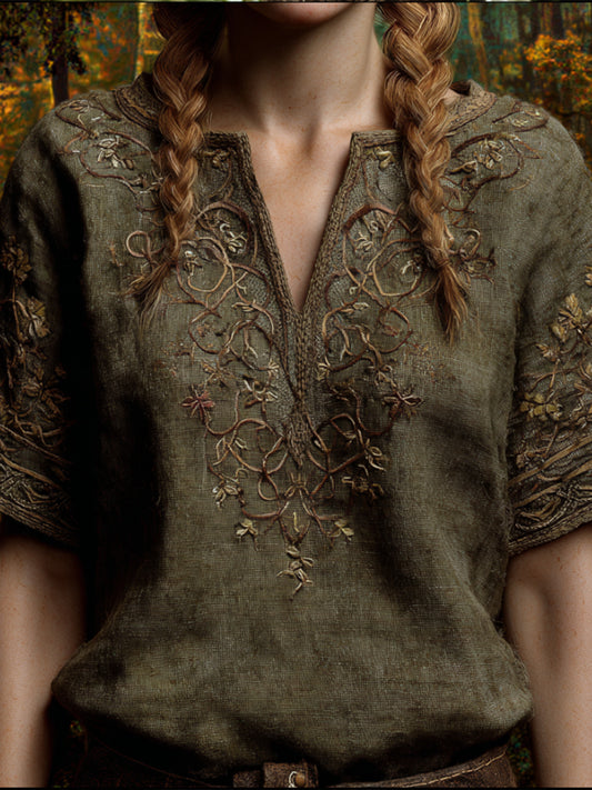 Viking Embroidery Small V-neck Short-sleeved Shirt artswardrobe