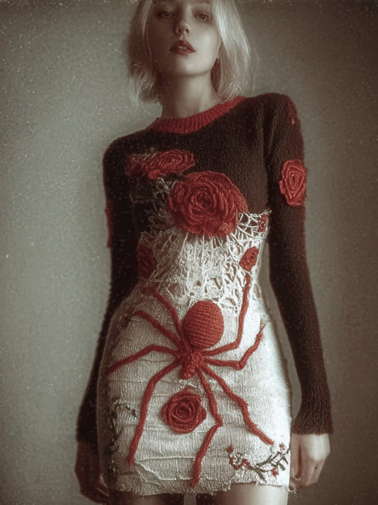 Comstylish Women Halloween Spider And Rose Vintage Knitted Dress