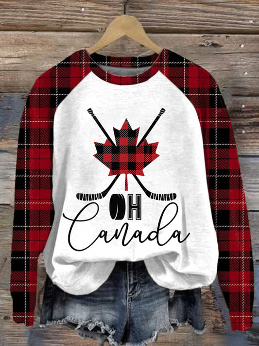 Retro Women's Canadian Hockey Print Raglan Sleeve Sweatshirt elevenforest